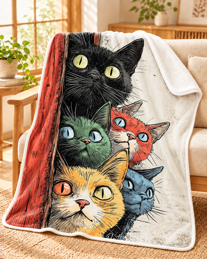 Peeking Colorful Cats ドアから覗くカラフル猫ちゃん ブランケット ひざ掛け