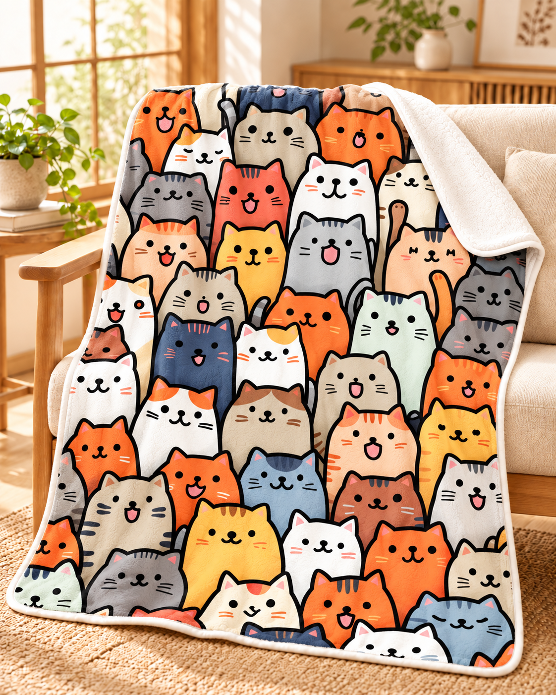 Happy Smiling Cats  にっこり笑顔の猫ちゃん大集合 ブランケット ひざ掛け