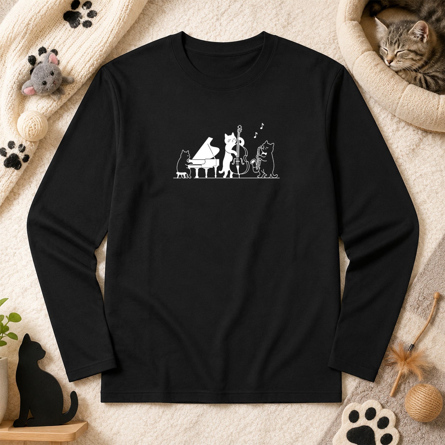 猫 長袖Tシャツ｜ジャズバンド猫イラスト｜ねこ ロンT メンズ レディース S-2XL
