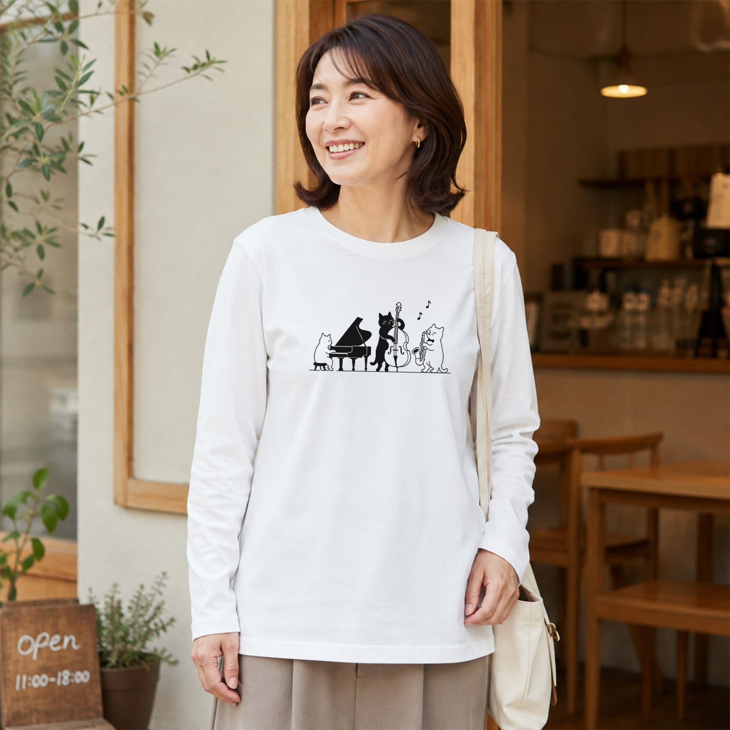 猫 長袖Tシャツ｜ジャズバンド猫イラスト｜ねこ ロンT メンズ レディース S-2XL