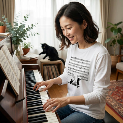 猫 長袖Tシャツ｜猫音符 イラスト｜ねこ ロンT メンズ レディース S-2XL