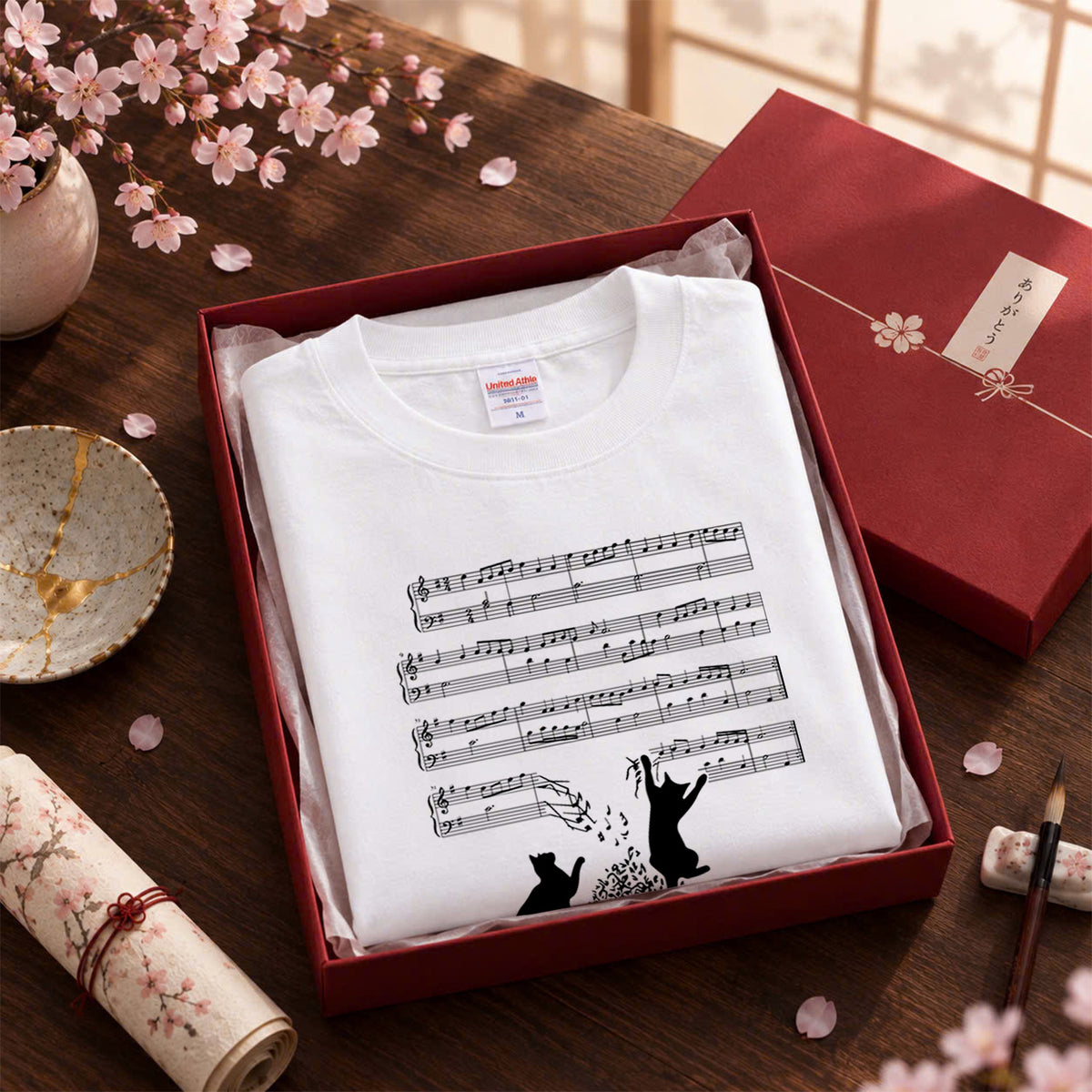 猫 長袖Tシャツ｜猫音符 イラスト｜ねこ ロンT メンズ レディース S-2XL