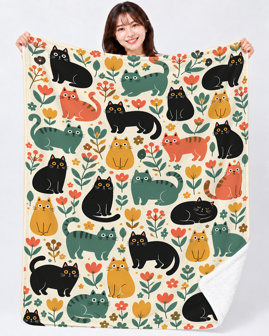 Muted Cats Botanical Pattern くすみカラーの猫とボタニカルアート | ブランケット