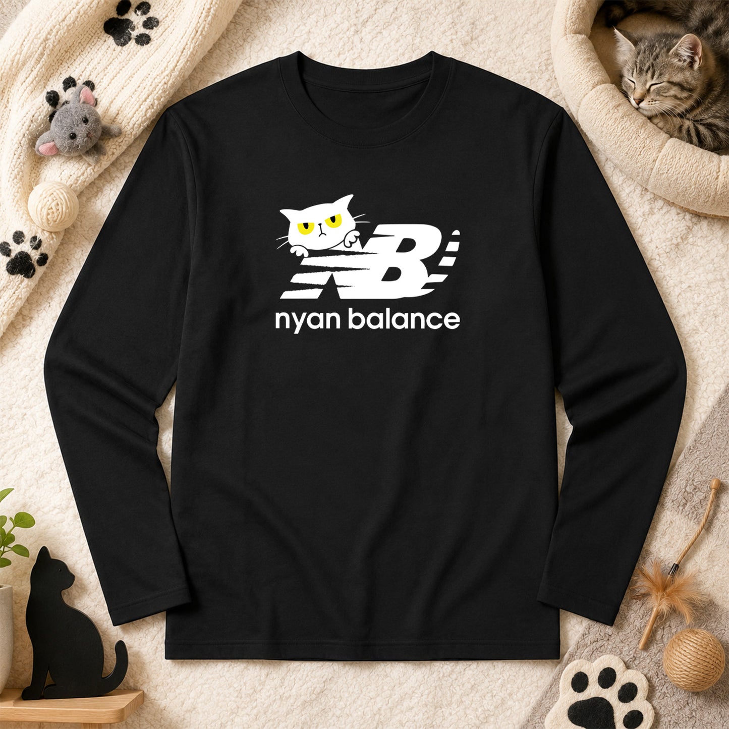 猫 長袖Tシャツ｜Nyan Balance猫イラスト｜ねこ ロンT メンズ レディース S-2XL