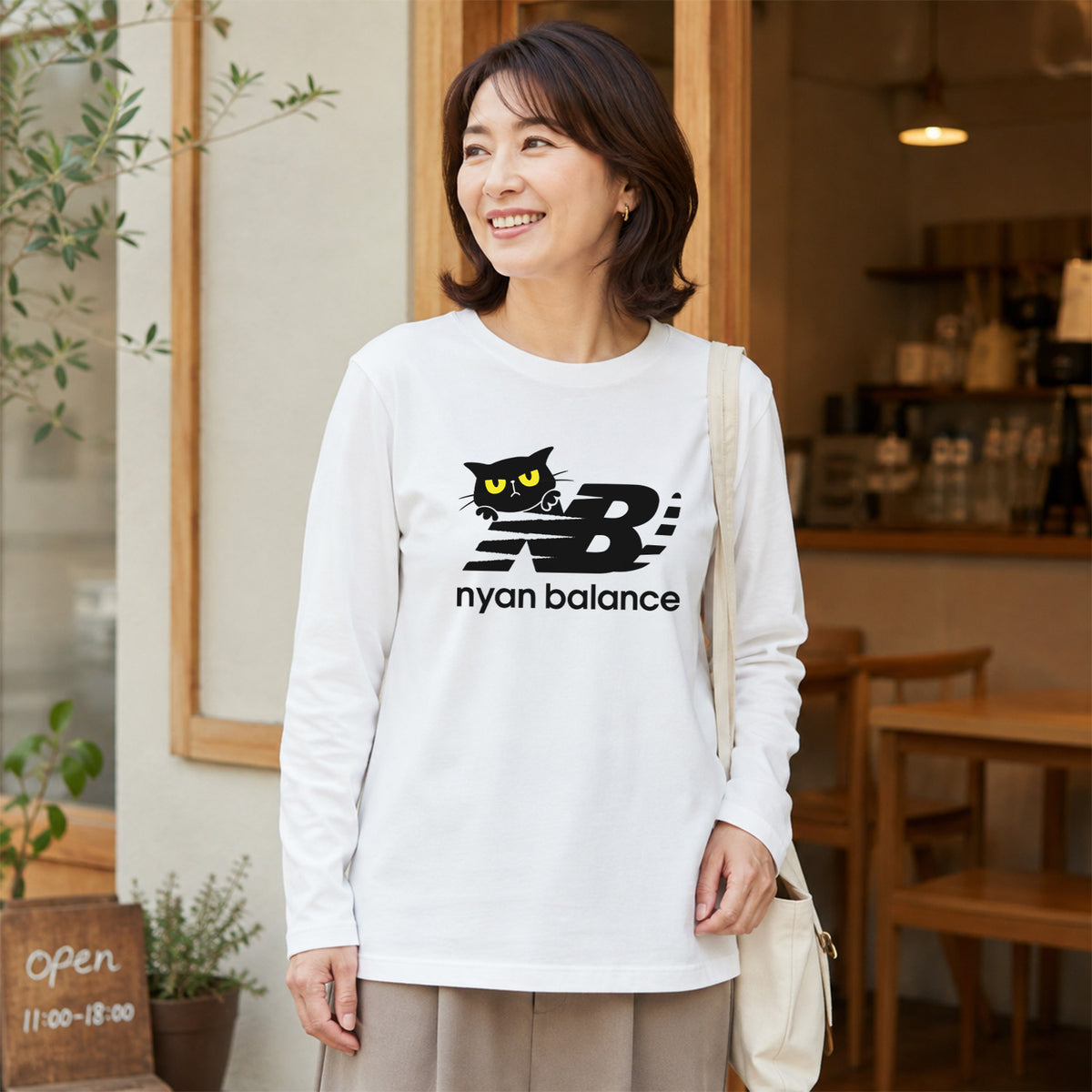猫 長袖Tシャツ｜Nyan Balance猫イラスト｜ねこ ロンT メンズ レディース S-2XL