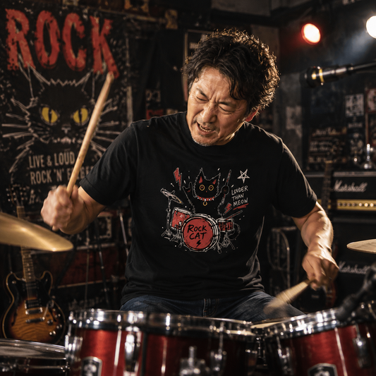 ロック猫 ドラム Tシャツ ｜ 猫好き・バンド・音楽好きに人気