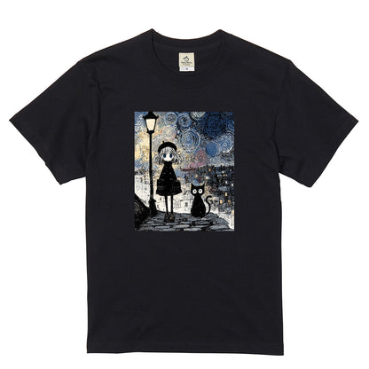 星月夜と少女 黒猫 Tシャツ ｜ 猫好き・ゴッホ風・絵画・アニメ好きに人気