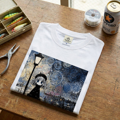 星月夜と少女 黒猫 Tシャツ ｜ 猫好き・ゴッホ風・絵画・アニメ好きに人気
