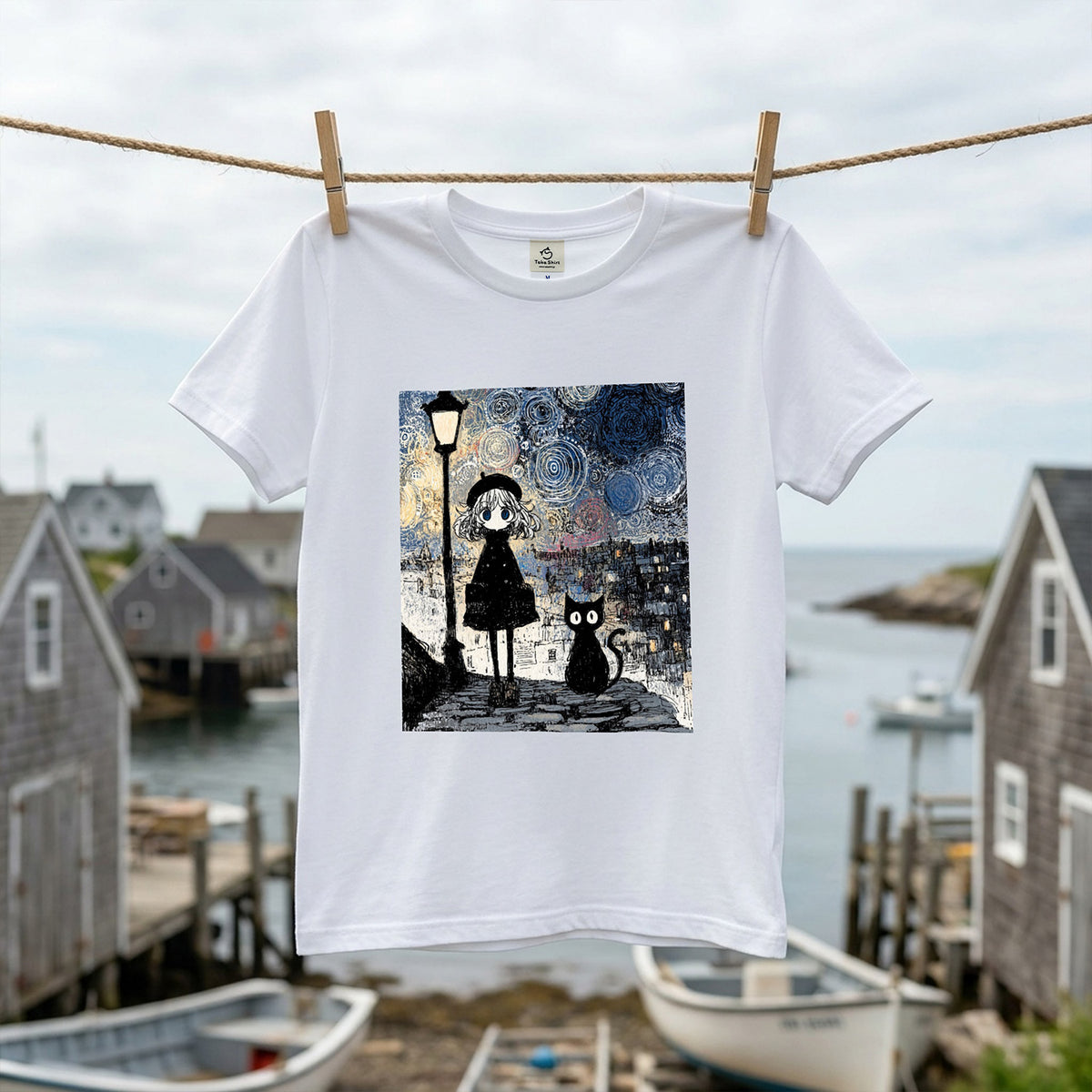 星月夜と少女 黒猫 Tシャツ ｜ 猫好き・ゴッホ風・絵画・アニメ好きに人気