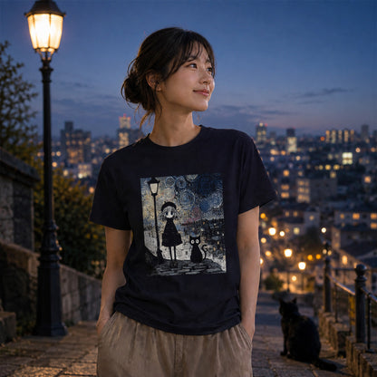 星月夜と少女 黒猫 Tシャツ ｜ 猫好き・ゴッホ風・絵画・アニメ好きに人気