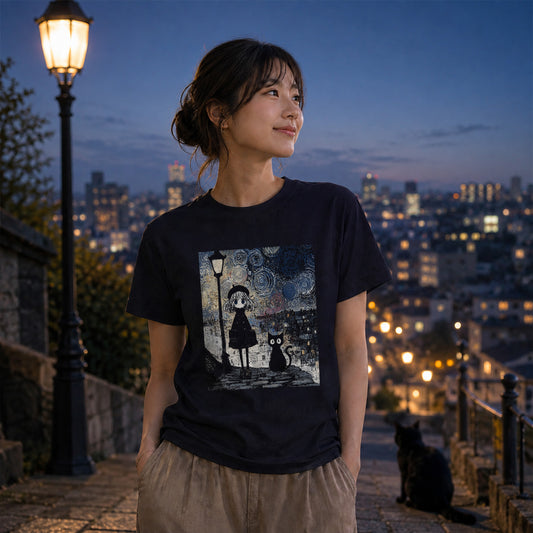 星月夜と少女 黒猫 Tシャツ ｜ 猫好き・ゴッホ風・絵画・アニメ好きに人気