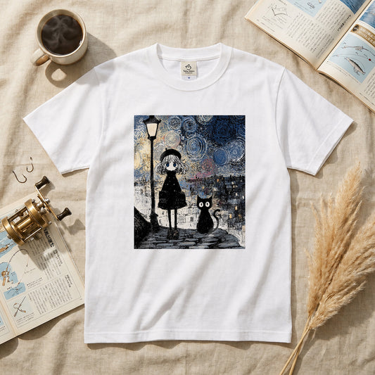 星月夜と少女 黒猫 Tシャツ ｜ 猫好き・ゴッホ風・絵画・アニメ好きに人気