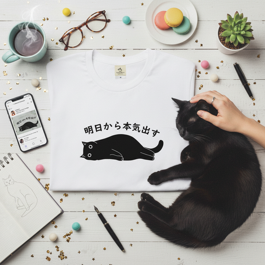 明日から本気出す 猫Tシャツ|おもしろ猫デザイン