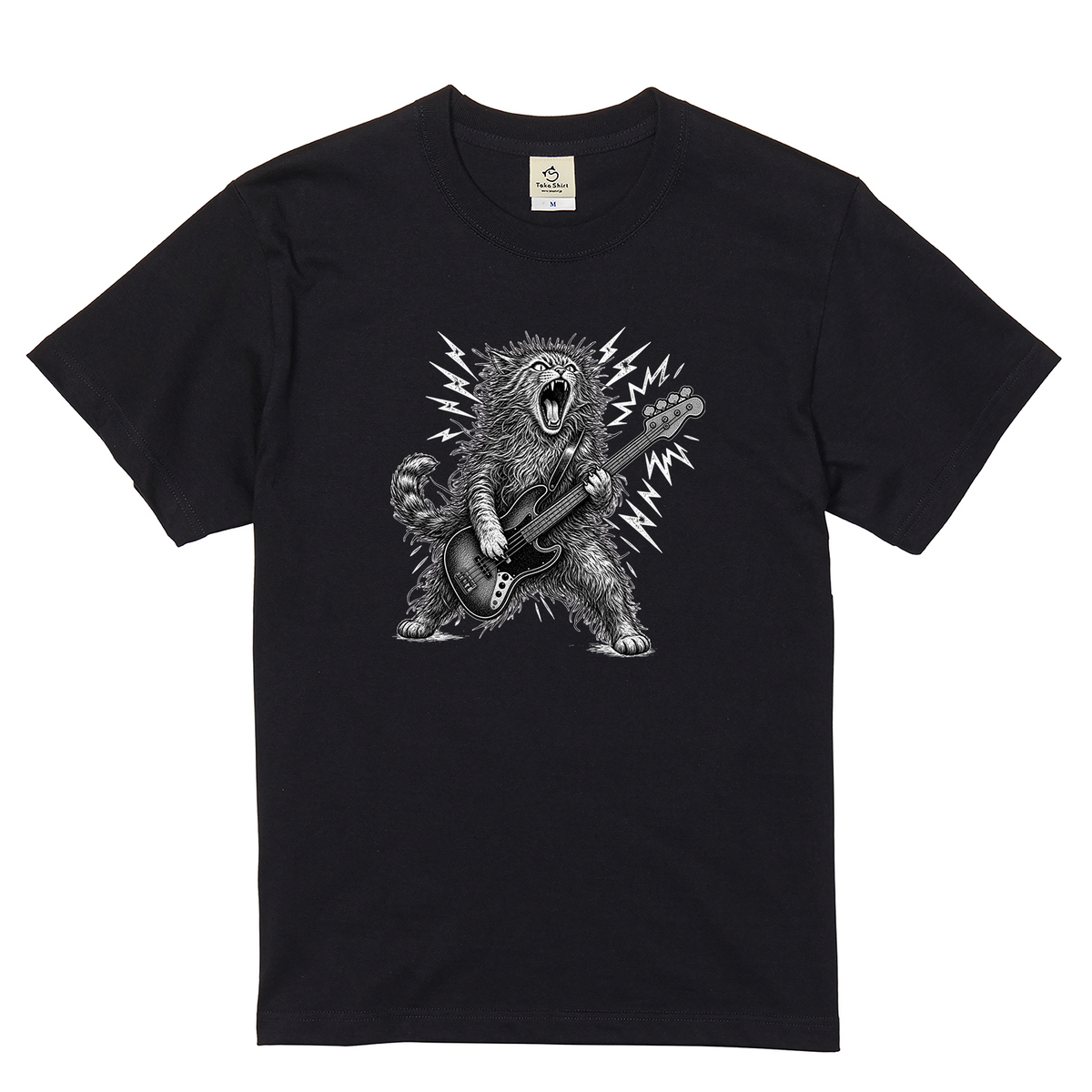 かっこいい猫 | 暴れる猫 ベーシスト エレキベース ロックTシャツ【猫好き・愛猫家・音楽好き・ギフトに最適】