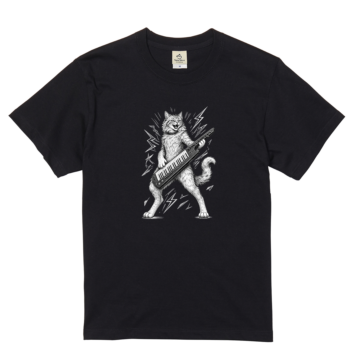 ロックキャット | かっこいい猫 ショルダーキーボード キーター 演奏 イラスト Tシャツ【猫好き・音楽好き・誕生日ギフトに最適】
