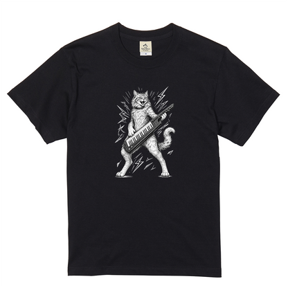 ロックキャット | かっこいい猫 ショルダーキーボード キーター 演奏 イラスト Tシャツ【猫好き・音楽好き・誕生日ギフトに最適】