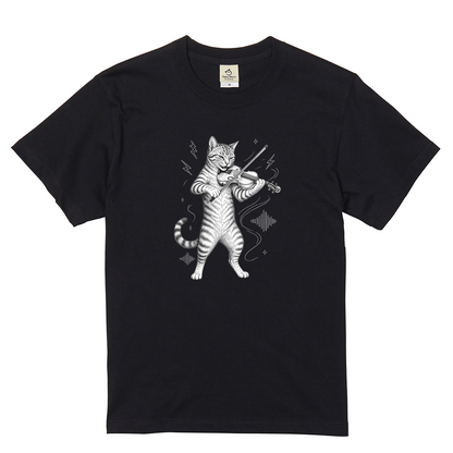バイオリンキャット | 猫 バイオリン 演奏 イラスト Tシャツ【猫好き・バイオリニスト・クラシック・誕生日ギフトに最適】