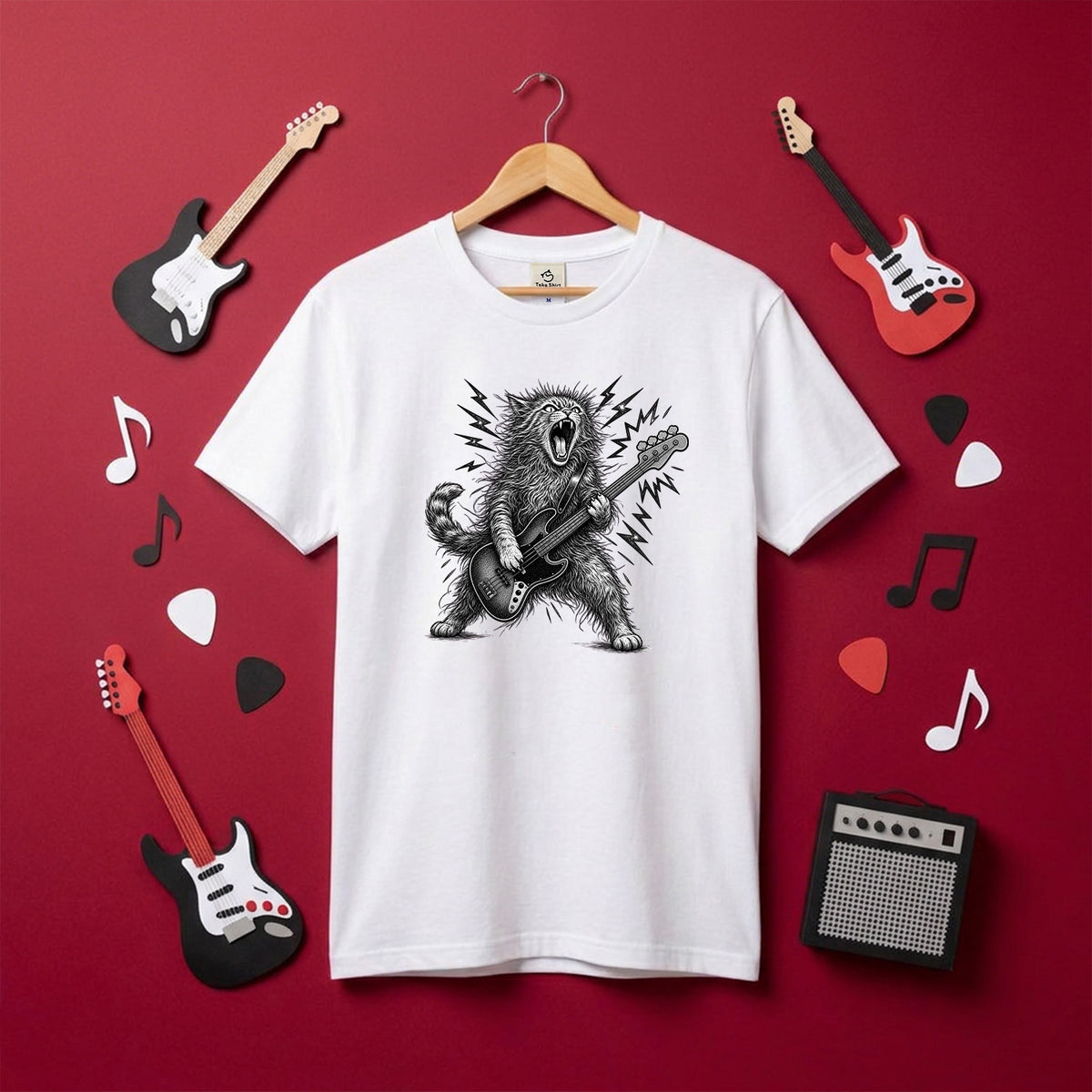 かっこいい猫 | 暴れる猫 ベーシスト エレキベース ロックTシャツ【猫好き・愛猫家・音楽好き・ギフトに最適】