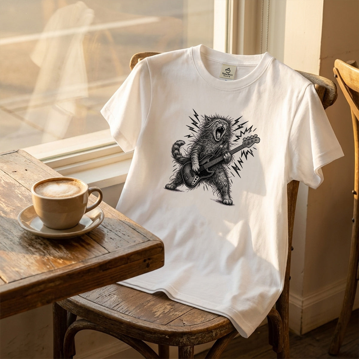 かっこいい猫 | 暴れる猫 ベーシスト エレキベース ロックTシャツ【猫好き・愛猫家・音楽好き・ギフトに最適】