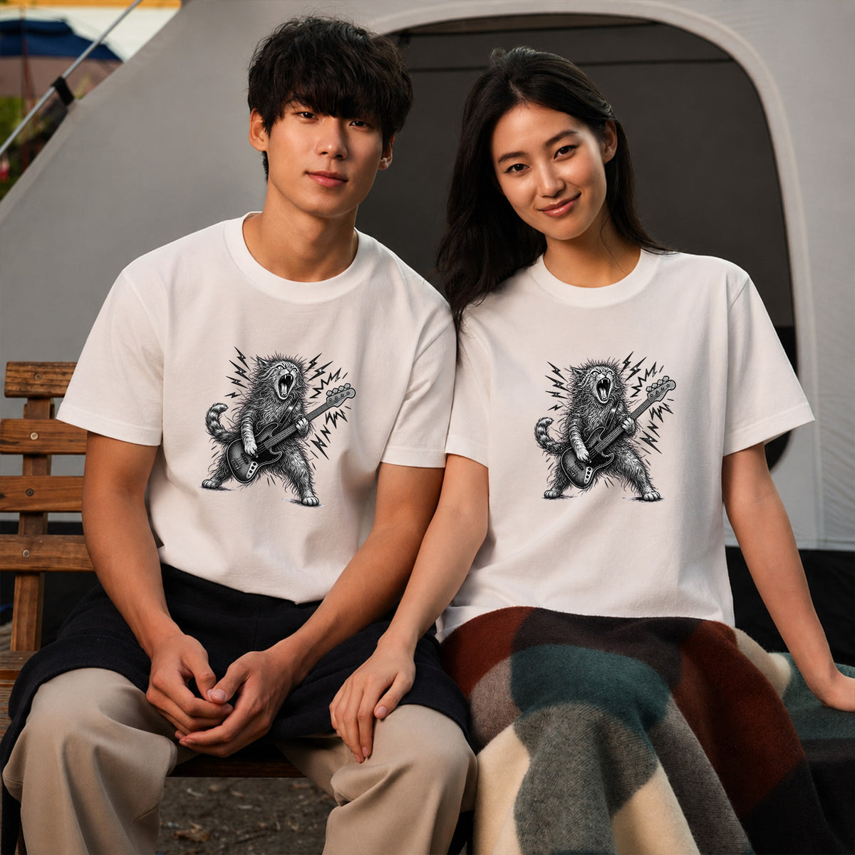 かっこいい猫 | 暴れる猫 ベーシスト エレキベース ロックTシャツ【猫好き・愛猫家・音楽好き・ギフトに最適】