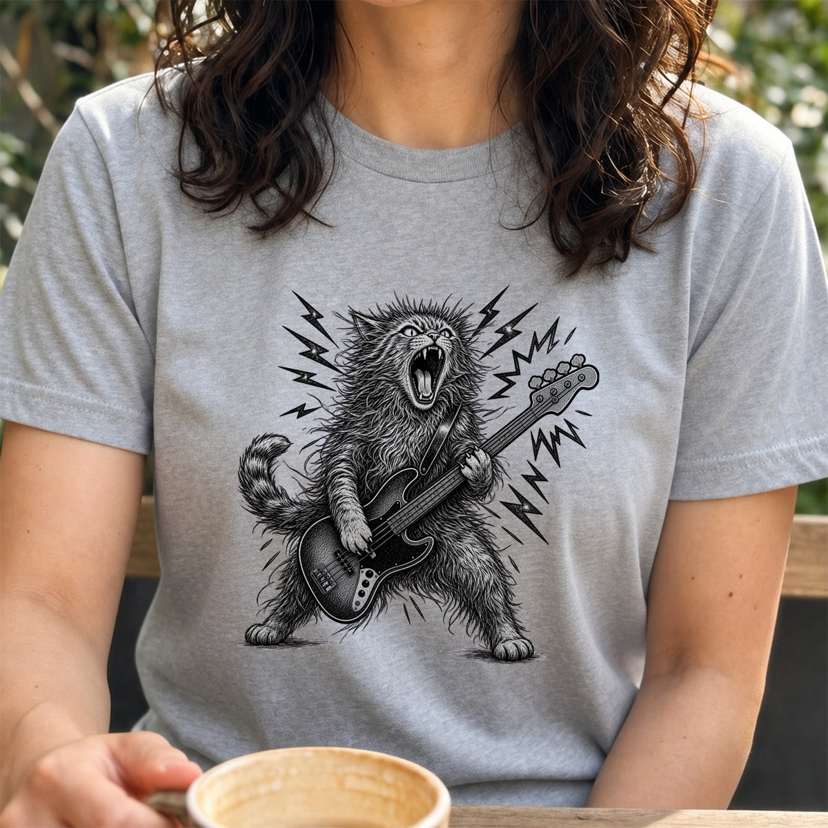 かっこいい猫 | 暴れる猫 ベーシスト エレキベース ロックTシャツ【猫好き・愛猫家・音楽好き・ギフトに最適】