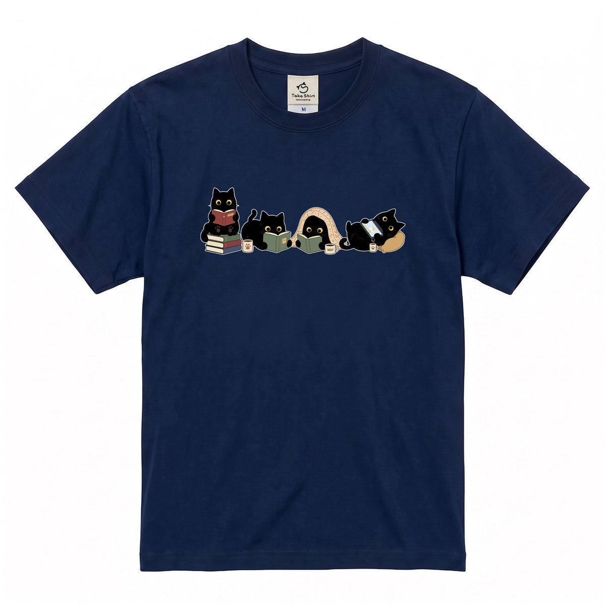 読書黒猫 Tシャツ ｜ 猫好き・読書好き・本好きに人気