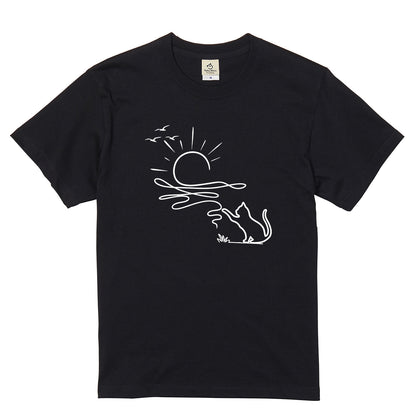 猫と毛糸の夕日 Line Art Tシャツ ｜ 猫好き・おしゃれ・ナチュラルに人気
