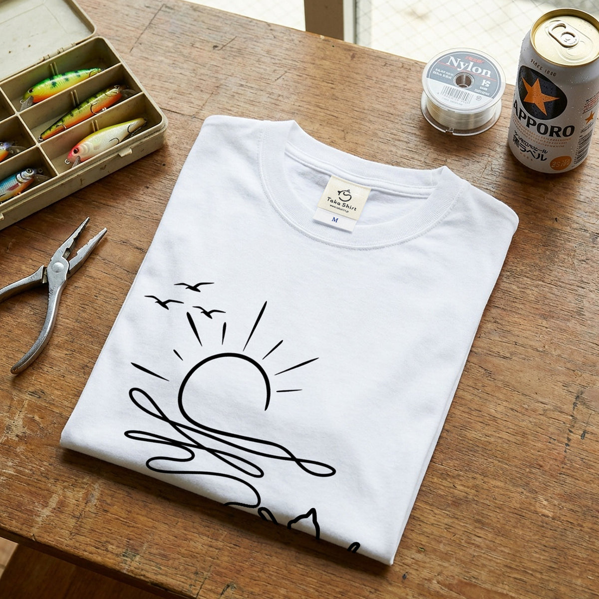 猫と毛糸の夕日 Line Art Tシャツ ｜ 猫好き・おしゃれ・ナチュラルに人気