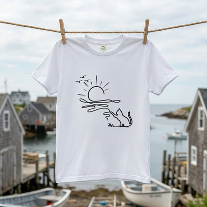 猫と毛糸の夕日 Line Art Tシャツ ｜ 猫好き・おしゃれ・ナチュラルに人気