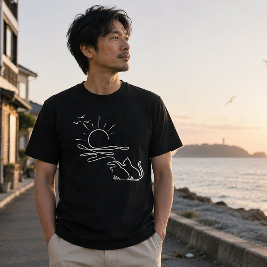 猫と毛糸の夕日 Line Art Tシャツ ｜ 猫好き・おしゃれ・ナチュラルに人気