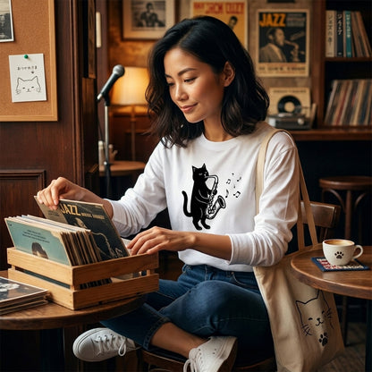 猫 長袖Tシャツ｜サックス猫イラスト｜ねこ ロンT メンズ レディース S-2XL