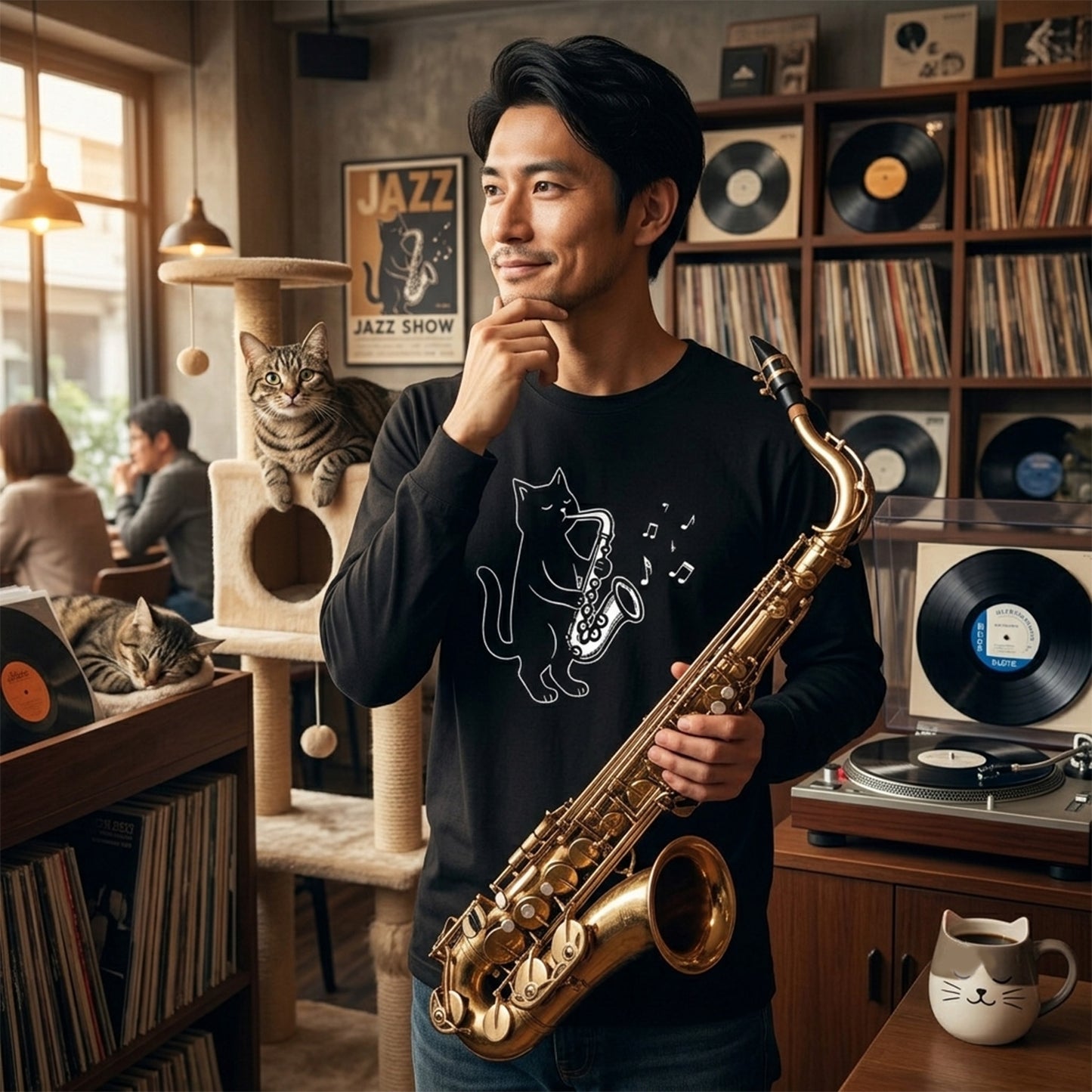 猫 長袖Tシャツ｜サックス猫イラスト｜ねこ ロンT メンズ レディース S-2XL