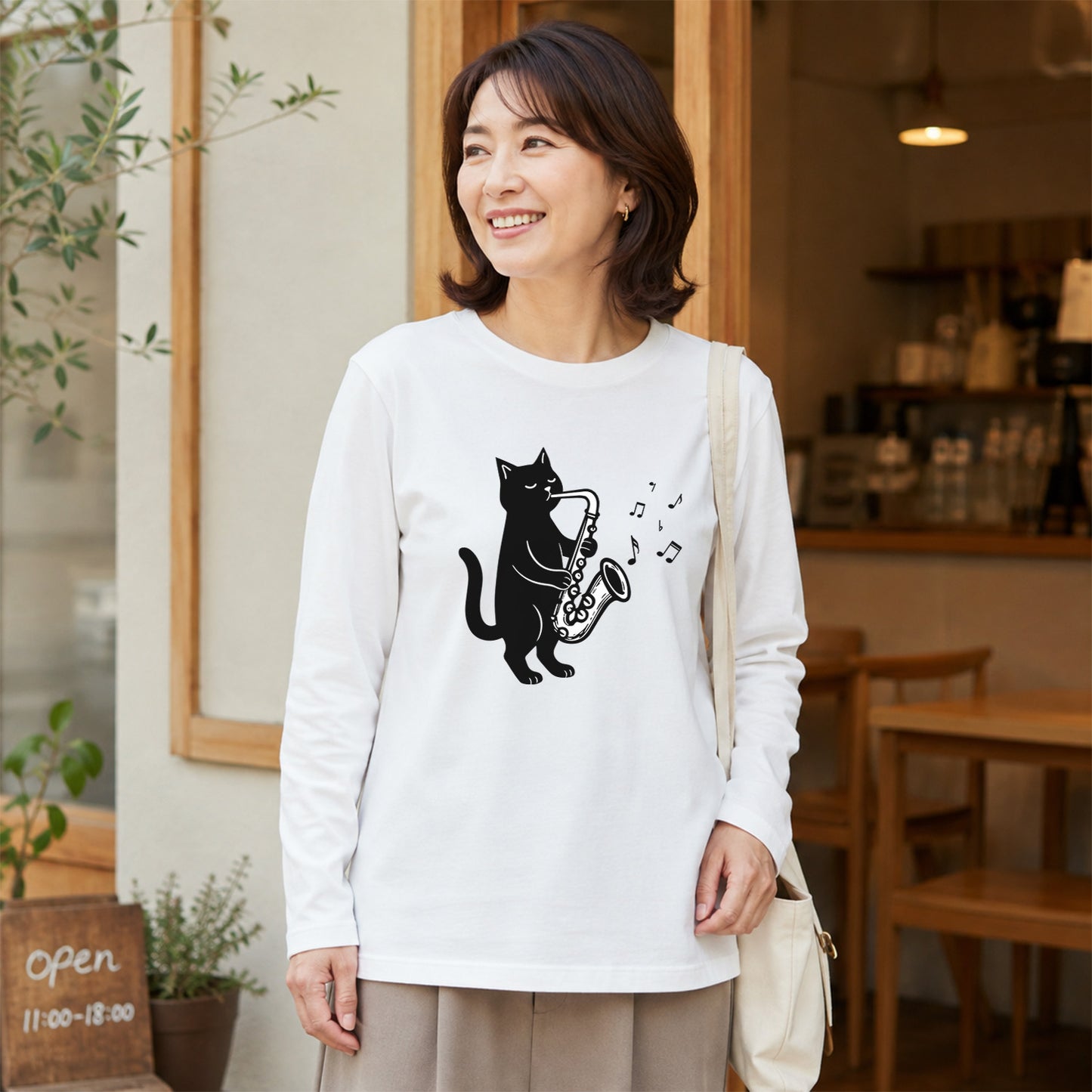 猫 長袖Tシャツ｜サックス猫イラスト｜ねこ ロンT メンズ レディース S-2XL