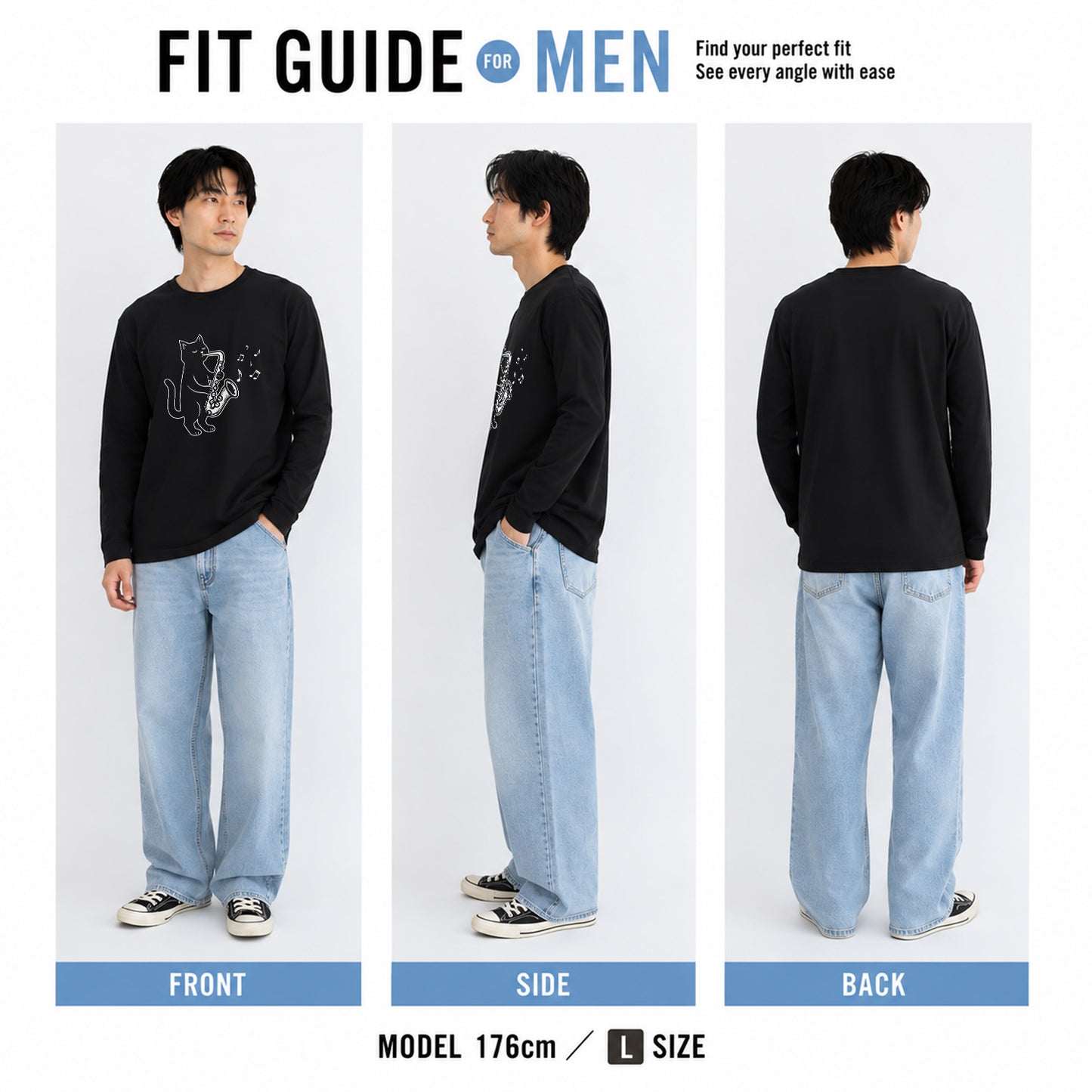 猫 長袖Tシャツ｜サックス猫イラスト｜ねこ ロンT メンズ レディース S-2XL