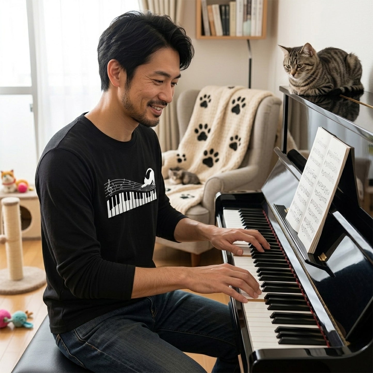 猫 長袖Tシャツ｜ピアノ猫イラスト｜ねこ ロンT メンズ レディース S-2XL