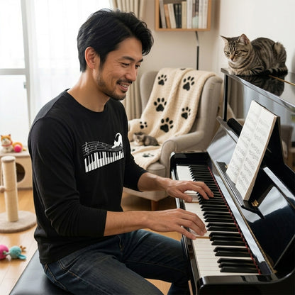 猫 長袖Tシャツ｜ピアノ猫イラスト｜ねこ ロンT メンズ レディース S-2XL