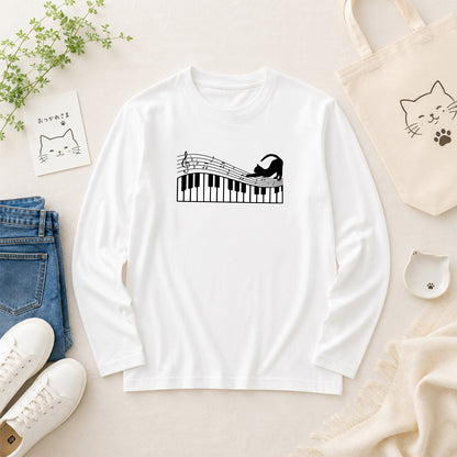 猫 長袖Tシャツ｜ピアノ猫イラスト｜ねこ ロンT メンズ レディース S-2XL
