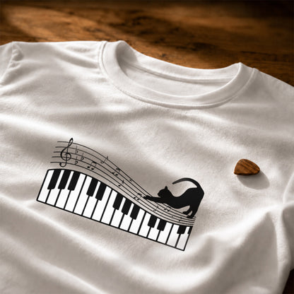 猫 長袖Tシャツ｜ピアノ猫イラスト｜ねこ ロンT メンズ レディース S-2XL