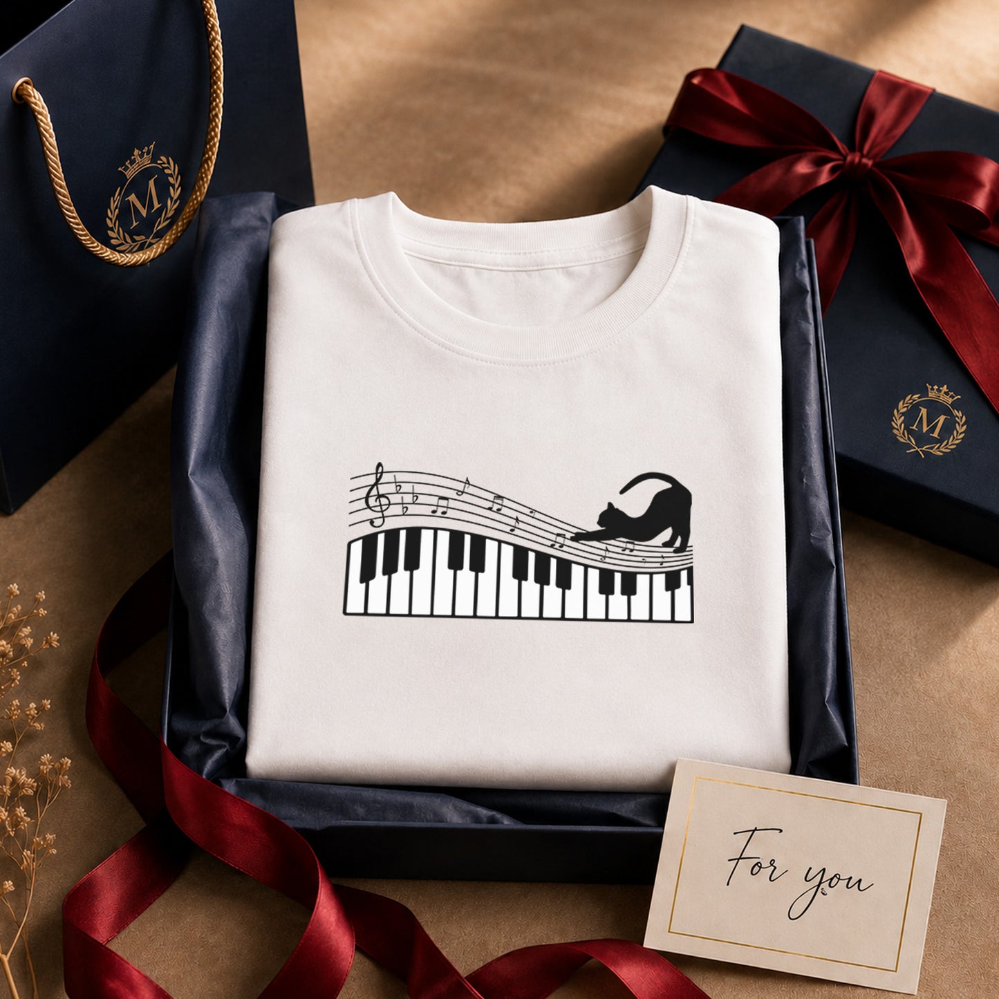 猫 長袖Tシャツ｜ピアノ猫イラスト｜ねこ ロンT メンズ レディース S-2XL