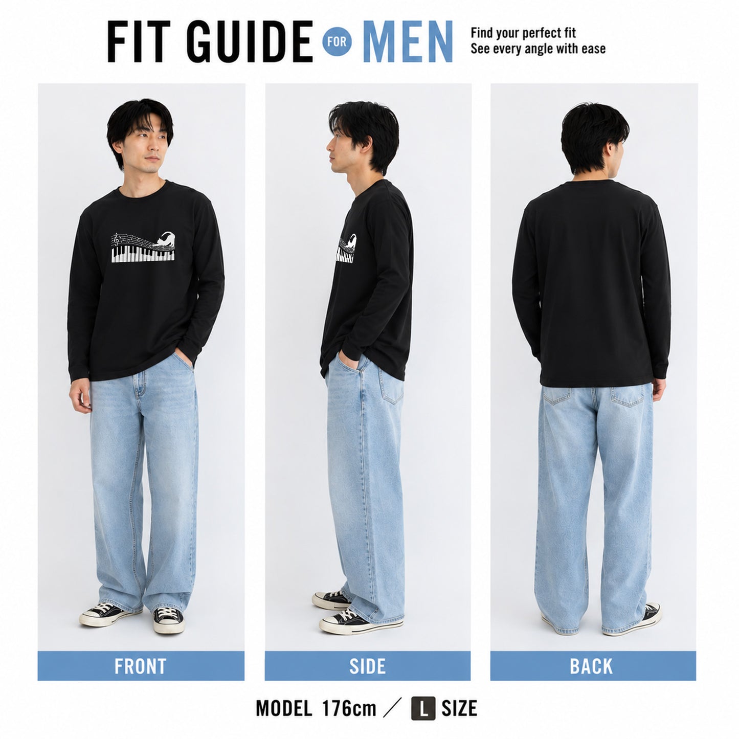 猫 長袖Tシャツ｜ピアノ猫イラスト｜ねこ ロンT メンズ レディース S-2XL