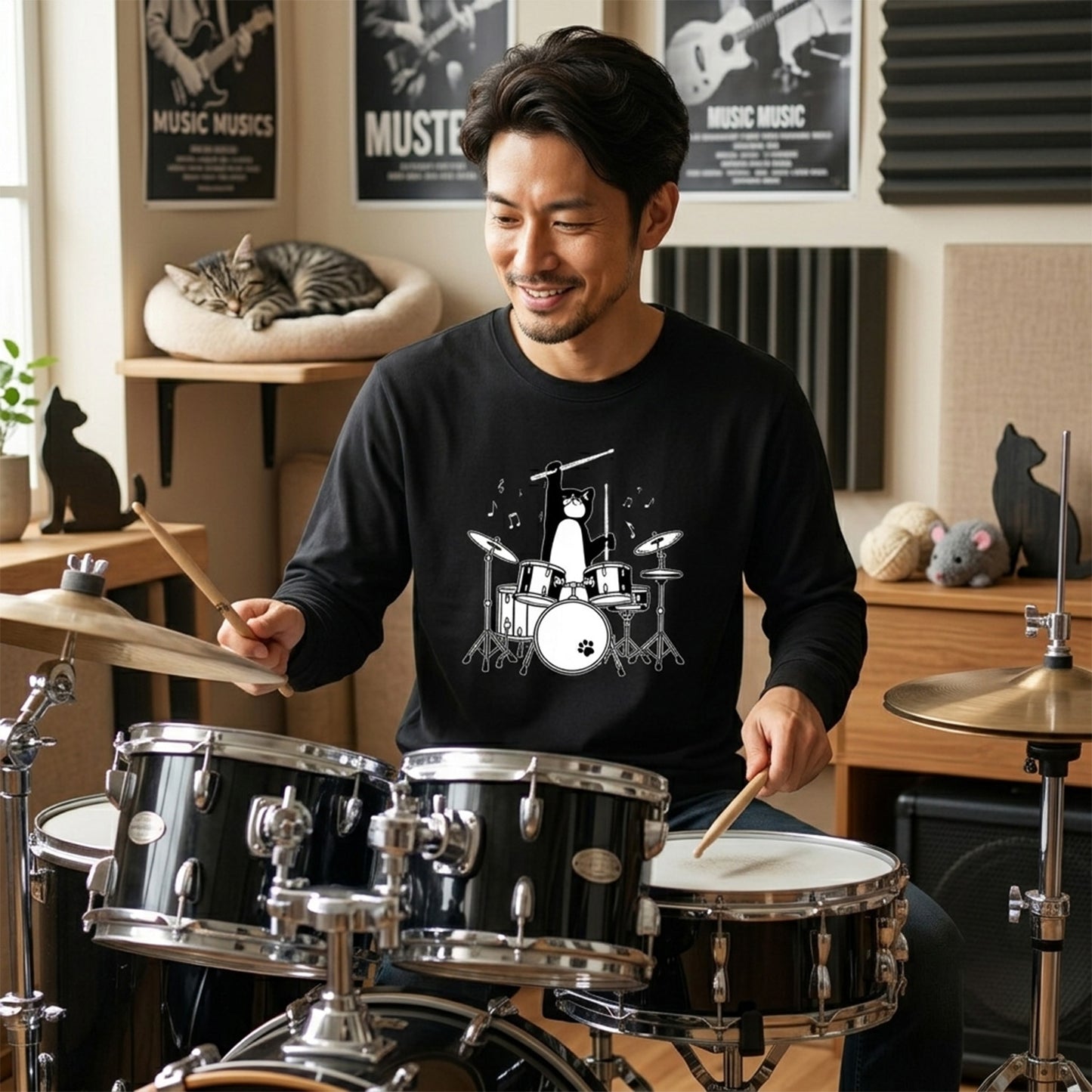 猫 長袖Tシャツ｜ドラム猫イラスト｜ねこ ロンT メンズ レディース S-2XL