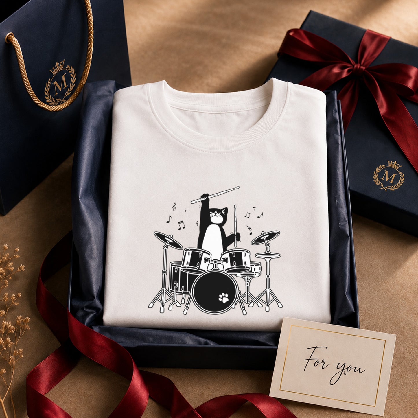 猫 長袖Tシャツ｜ドラム猫イラスト｜ねこ ロンT メンズ レディース S-2XL