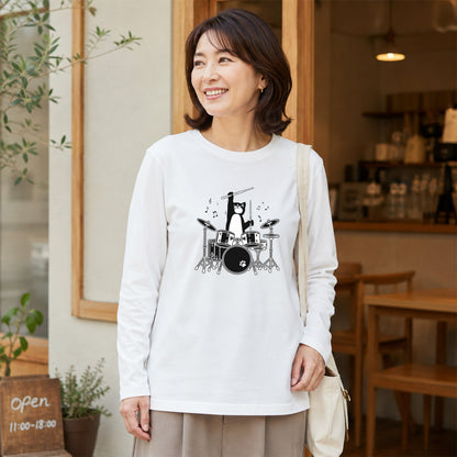 猫 長袖Tシャツ｜ドラム猫イラスト｜ねこ ロンT メンズ レディース S-2XL