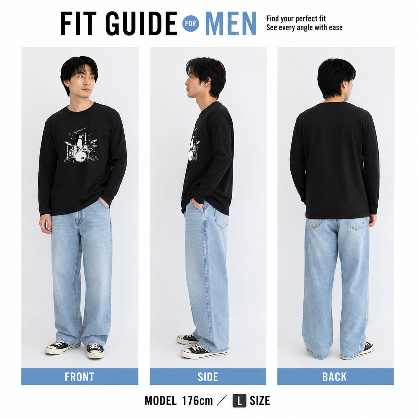 猫 長袖Tシャツ｜ドラム猫イラスト｜ねこ ロンT メンズ レディース S-2XL