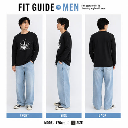 猫 長袖Tシャツ｜ドラム猫イラスト｜ねこ ロンT メンズ レディース S-2XL