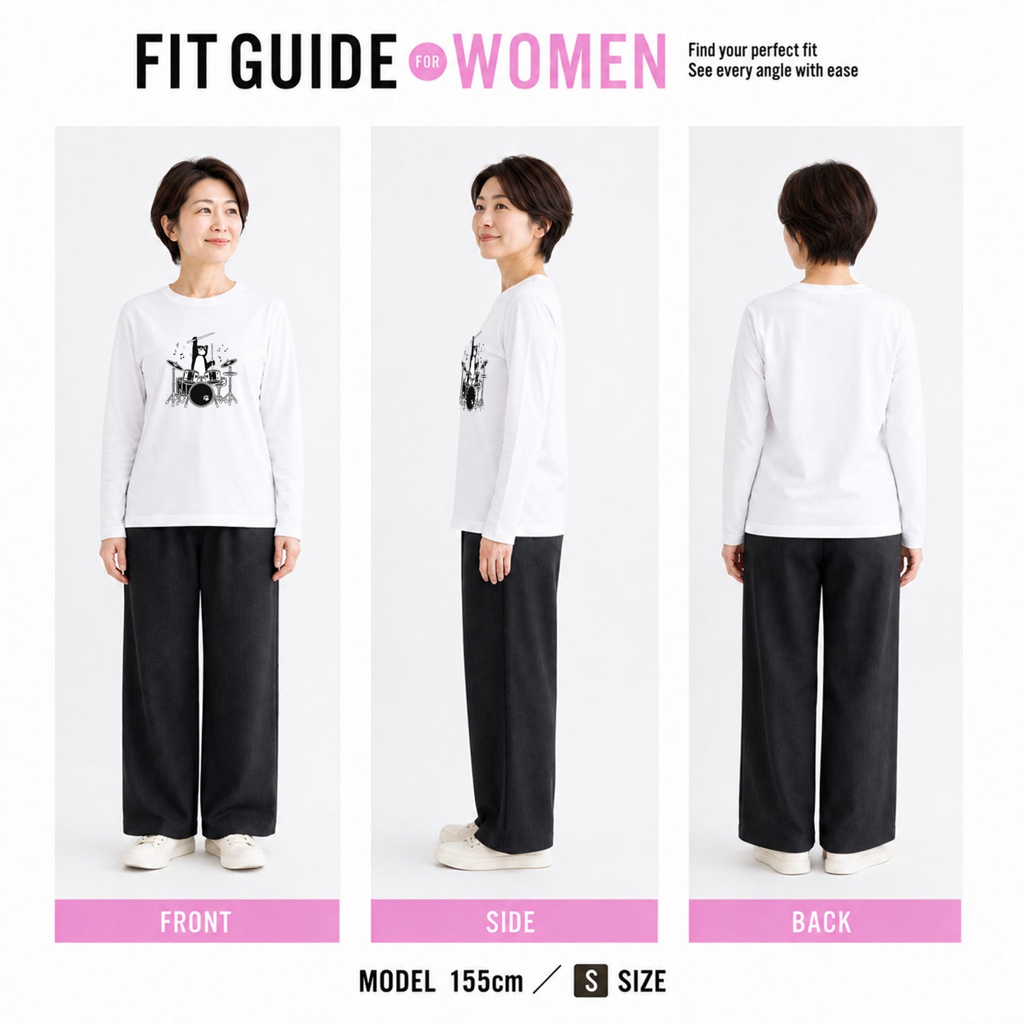 猫 長袖Tシャツ｜ドラム猫イラスト｜ねこ ロンT メンズ レディース S-2XL