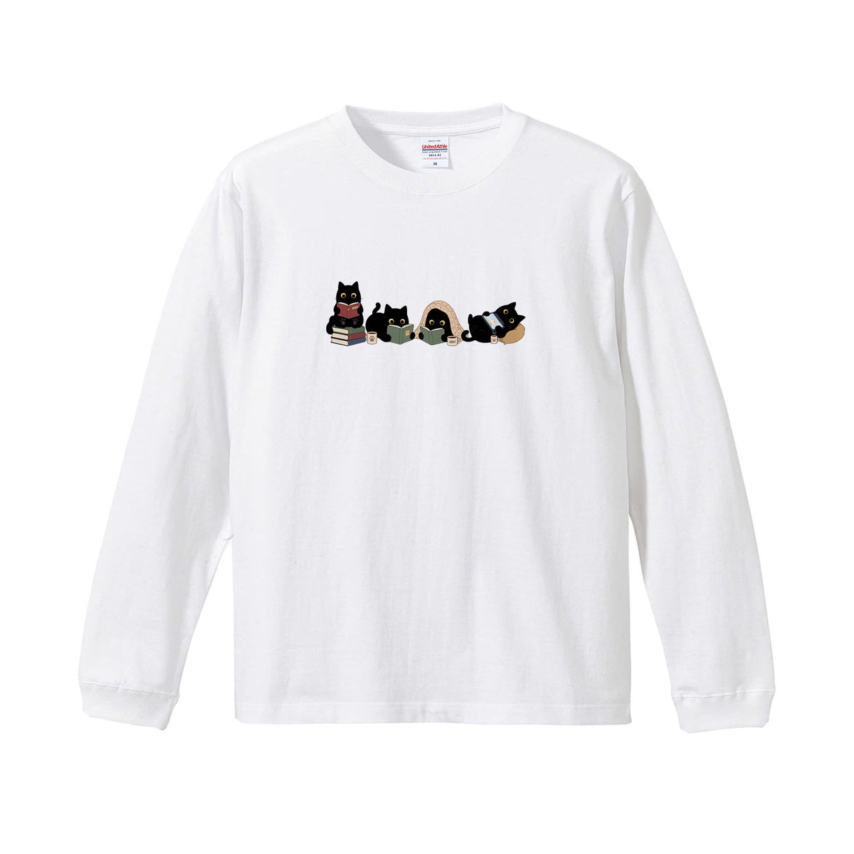 猫 長袖Tシャツ｜読書黒猫 イラスト｜ねこ ロンT メンズ レディース S-2XL