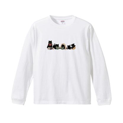 猫 長袖Tシャツ｜読書黒猫 イラスト｜ねこ ロンT メンズ レディース S-2XL