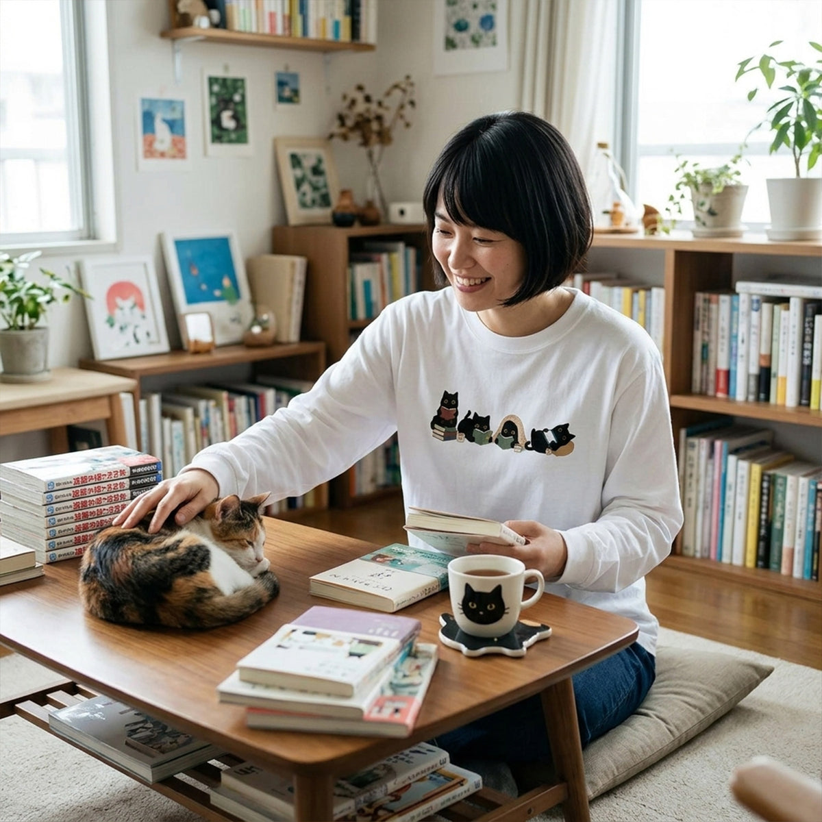 猫 長袖Tシャツ｜読書黒猫 イラスト｜ねこ ロンT メンズ レディース S-2XL