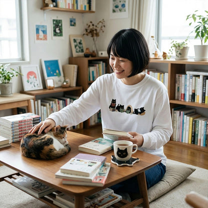 猫 長袖Tシャツ｜読書黒猫 イラスト｜ねこ ロンT メンズ レディース S-2XL